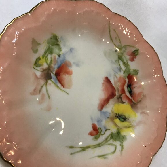 Porcelain Vintage Hand-Painted Plate Pink Poppies Flower Red & Yellow Gold Gild - Picture 2 of 8
